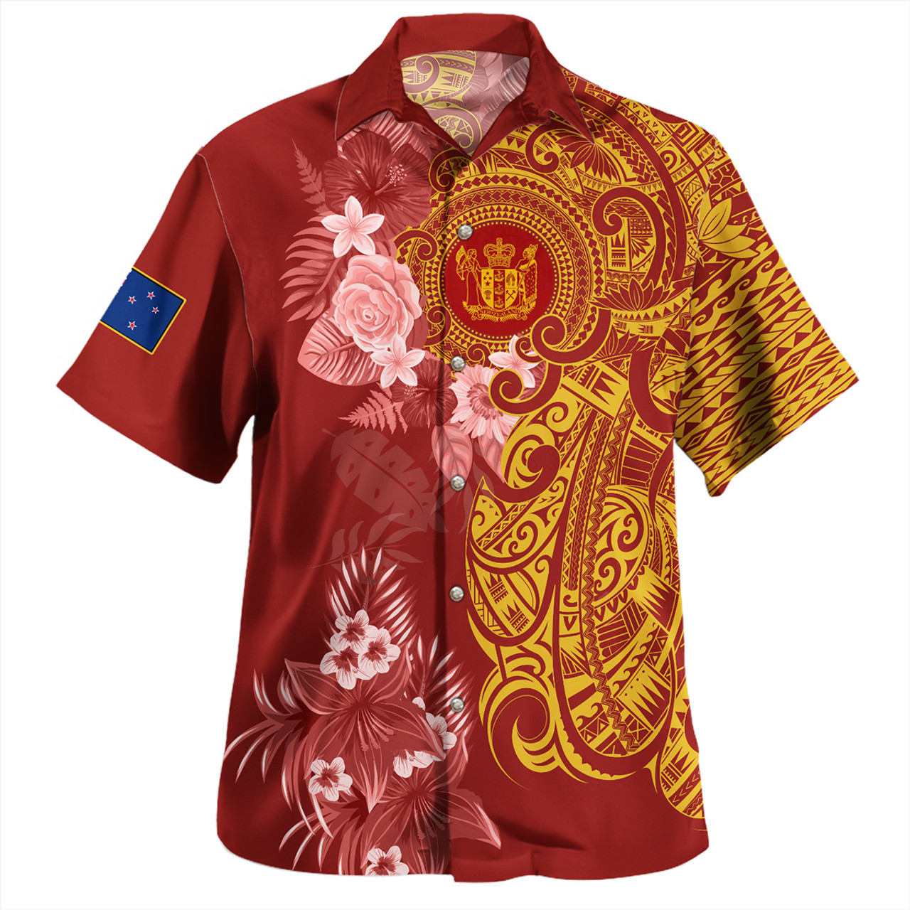 New Zealand Combo Off Shoulder Long Dress And Shirt Polynesian Tropical Plumeria Tribal Red