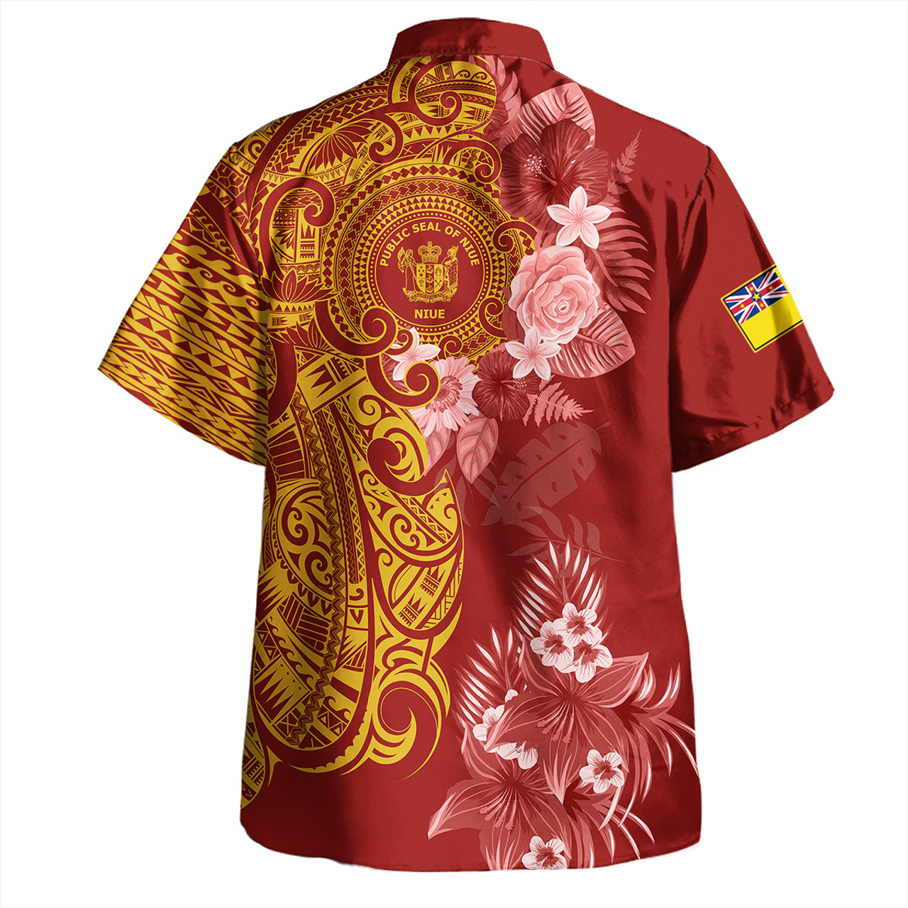 Niue Combo Off Shoulder Long Dress And Shirt Polynesian Tropical Plumeria Tribal Red