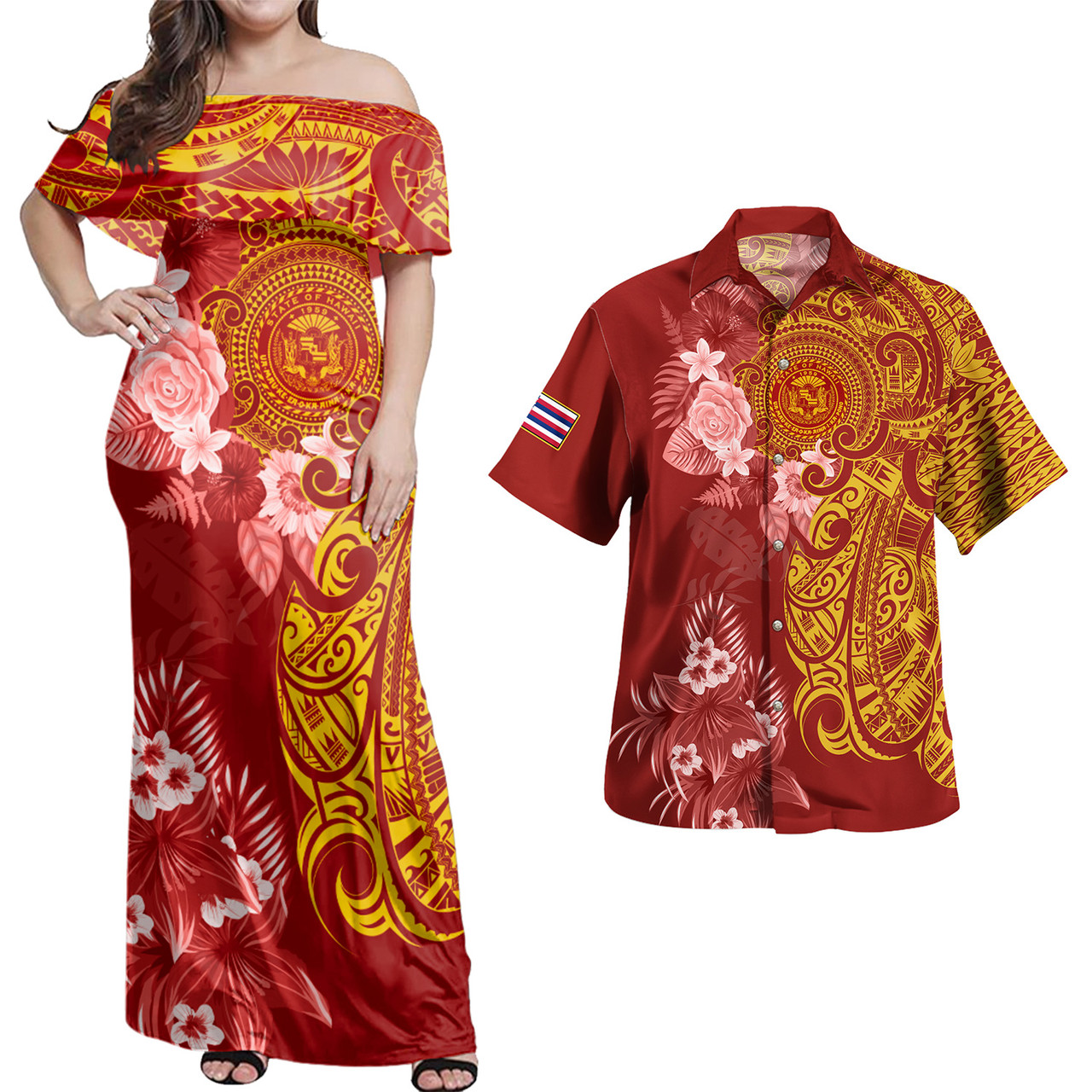 Hawaii Combo Off Shoulder Long Dress And Shirt Polynesian Tropical Plumeria Tribal Red