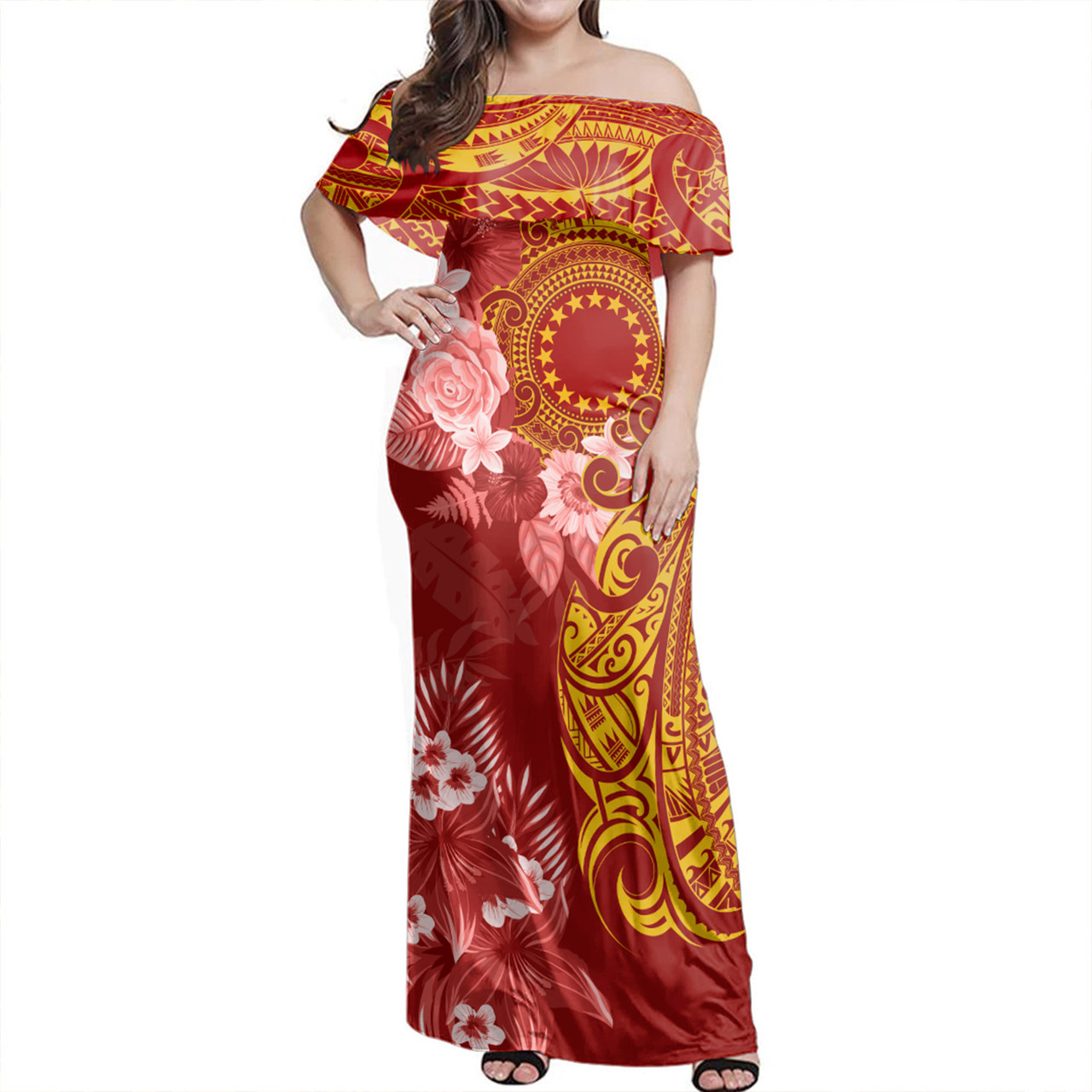 Cook Islands Combo Off Shoulder Long Dress And Shirt Polynesian Tropical Plumeria Tribal Red