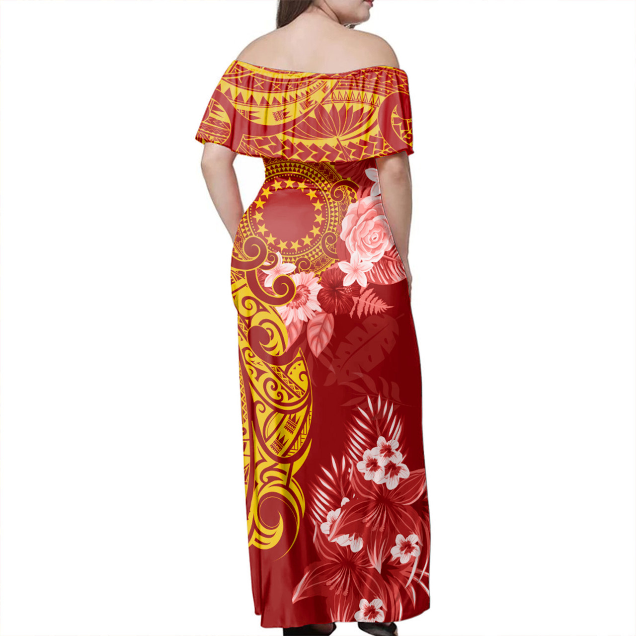 Cook Islands Combo Off Shoulder Long Dress And Shirt Polynesian Tropical Plumeria Tribal Red