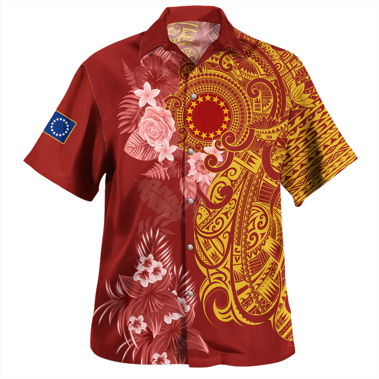 Cook Islands Combo Off Shoulder Long Dress And Shirt Polynesian Tropical Plumeria Tribal Red
