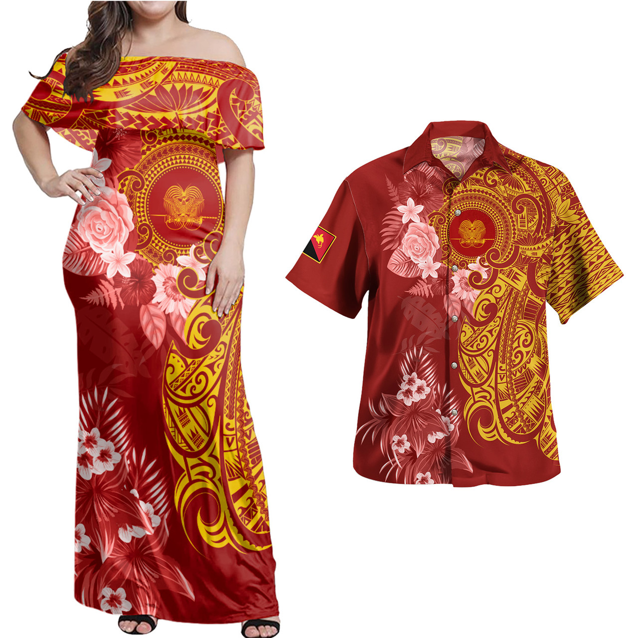 Papua New Guinea Combo Off Shoulder Long Dress And Shirt Polynesian Tropical Plumeria Tribal Red