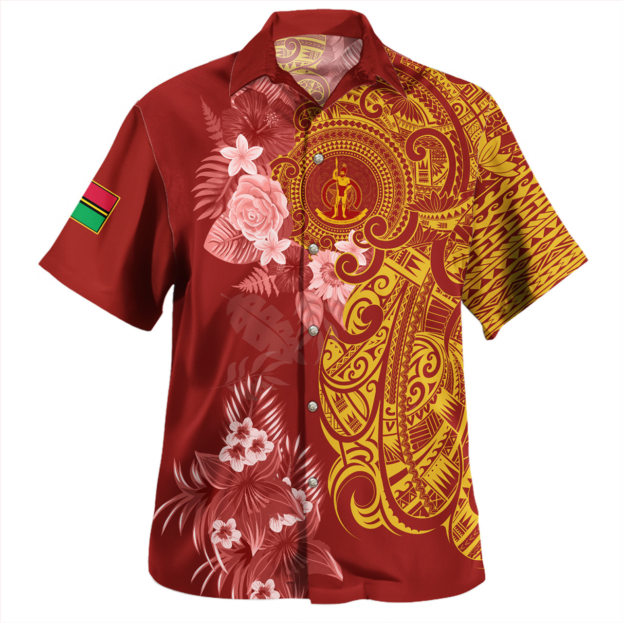 Vanuatu Combo Off Shoulder Long Dress And Shirt Polynesian Tropical Plumeria Tribal Red