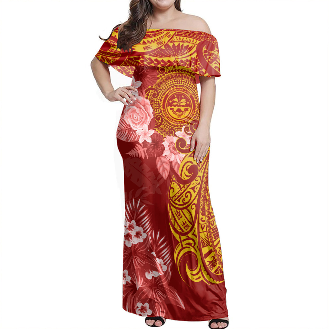 Federated States Of Micronesia Combo Off Shoulder Long Dress And Shirt Polynesian Tropical Plumeria Tribal Red