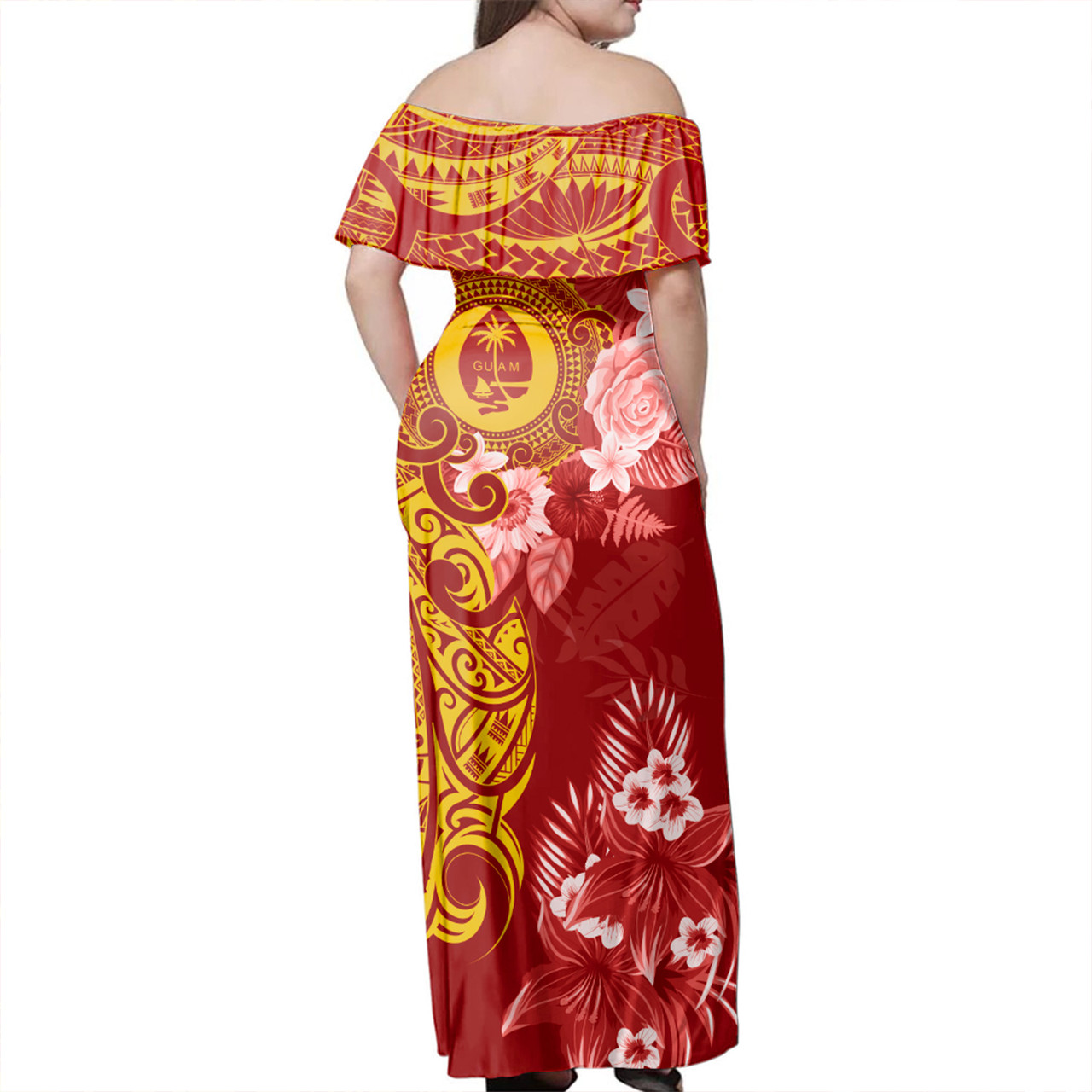 Guam Combo Off Shoulder Long Dress And Shirt Polynesian Tropical Plumeria Tribal Red