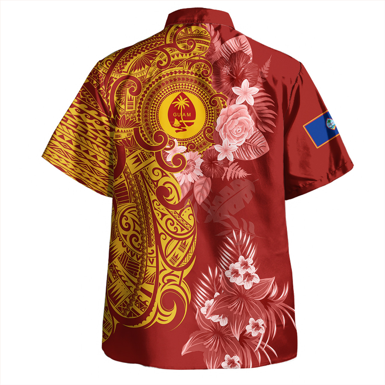 Guam Combo Off Shoulder Long Dress And Shirt Polynesian Tropical Plumeria Tribal Red