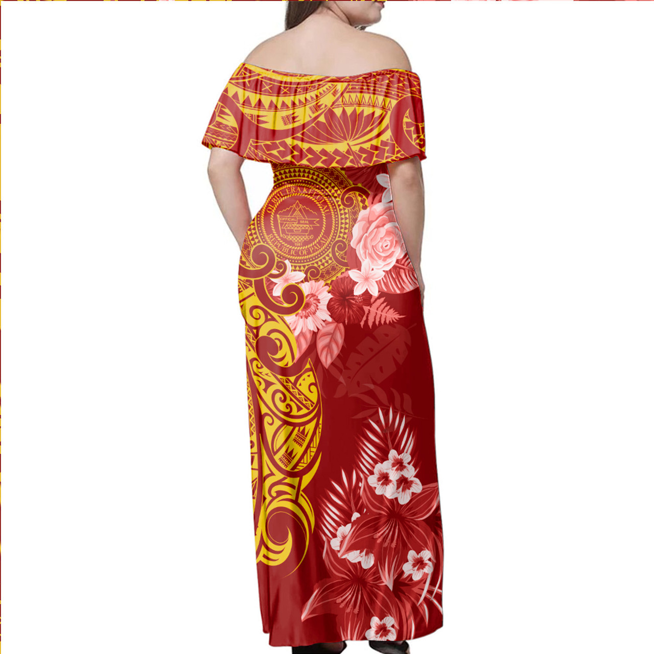 Palau Combo Off Shoulder Long Dress And Shirt Polynesian Tropical Plumeria Tribal Red