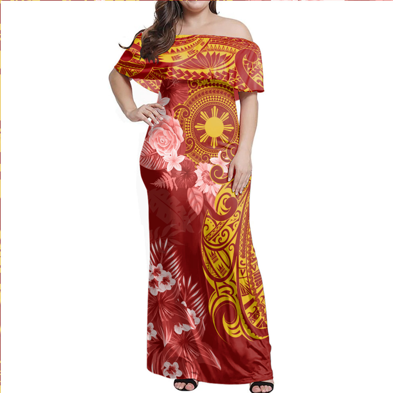 Philippines Filipinos Combo Off Shoulder Long Dress And Shirt Polynesian Tropical Plumeria Tribal Red