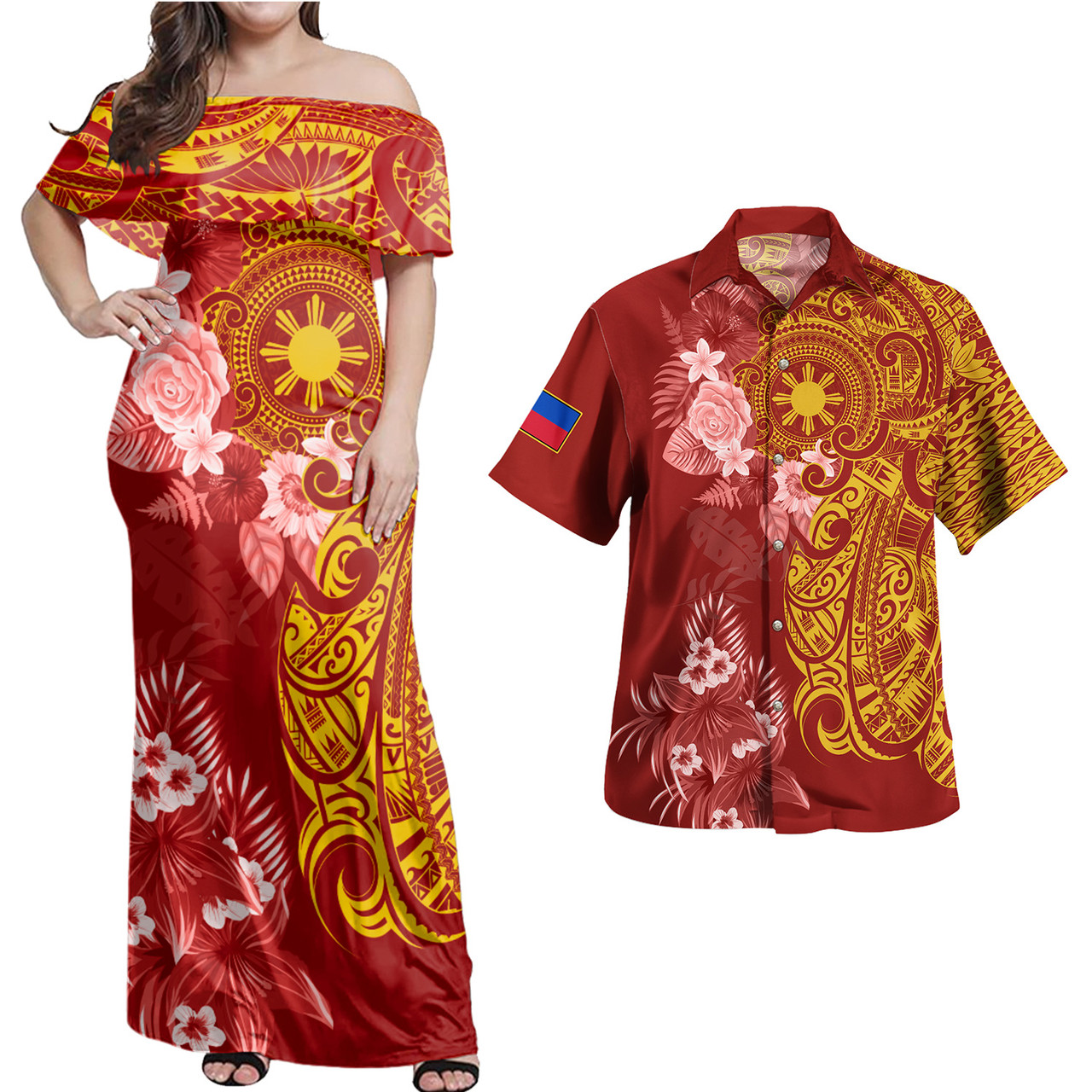 Philippines Filipinos Combo Off Shoulder Long Dress And Shirt Polynesian Tropical Plumeria Tribal Red