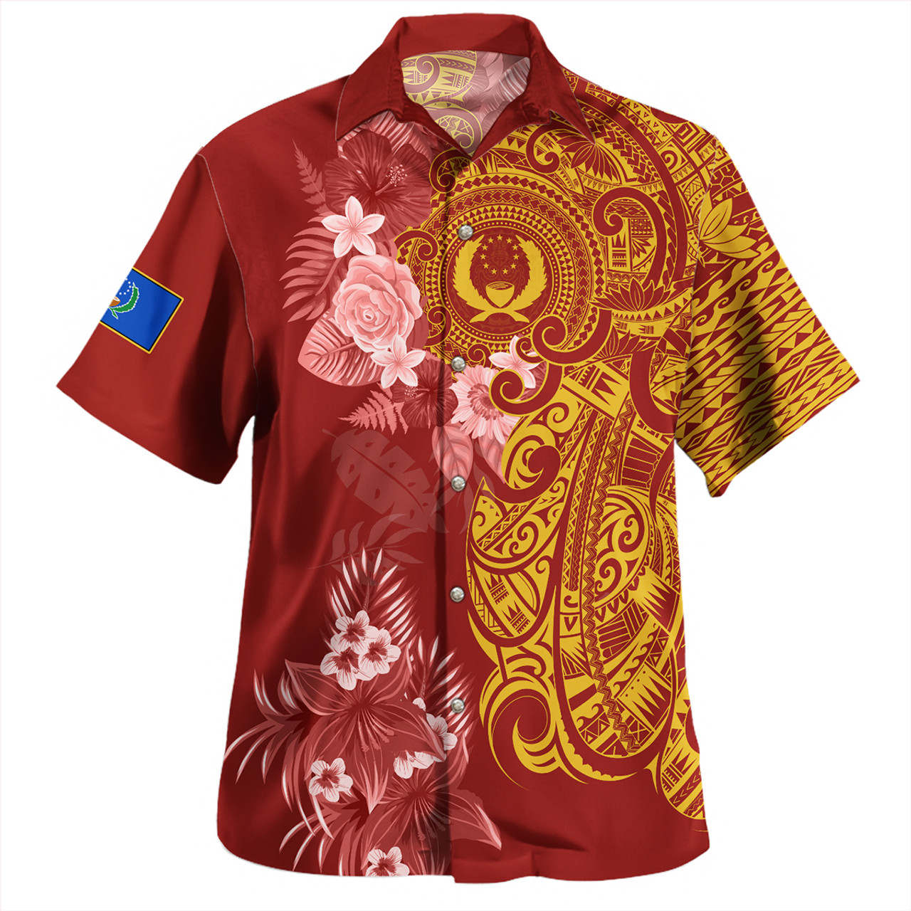 Pohnpei State Combo Off Shoulder Long Dress And Shirt Polynesian Tropical Plumeria Tribal Red