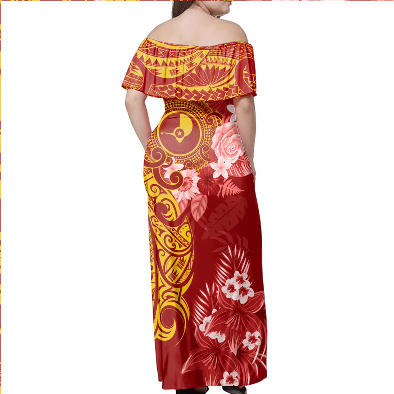 Yap State Combo Off Shoulder Long Dress And Shirt Polynesian Tropical Plumeria Tribal Red