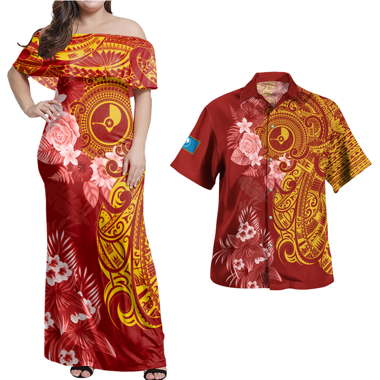 Yap State Combo Off Shoulder Long Dress And Shirt Polynesian Tropical Plumeria Tribal Red