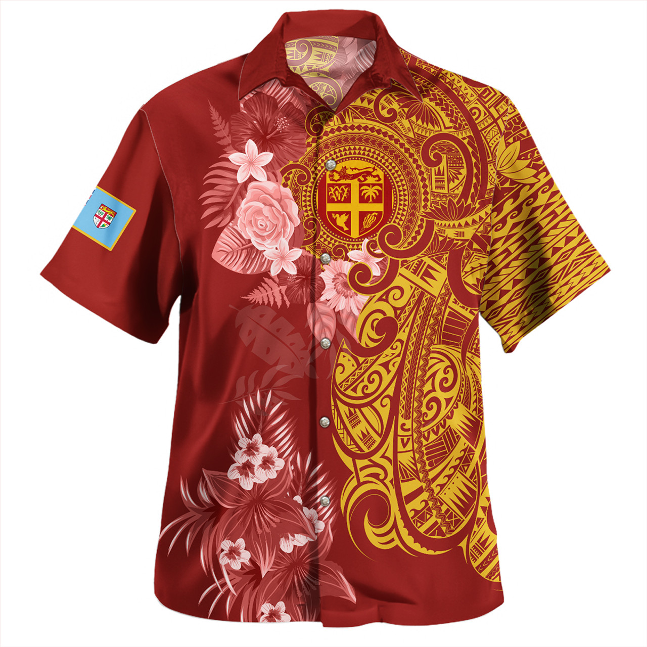 Fiji Combo Off Shoulder Long Dress And Shirt Polynesian Tropical Plumeria Tribal Red