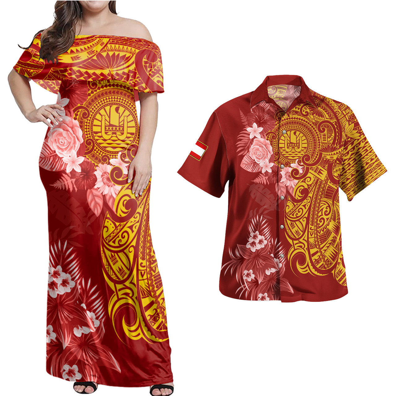 Tahiti Combo Off Shoulder Long Dress And Shirt Polynesian Tropical Plumeria Tribal Red
