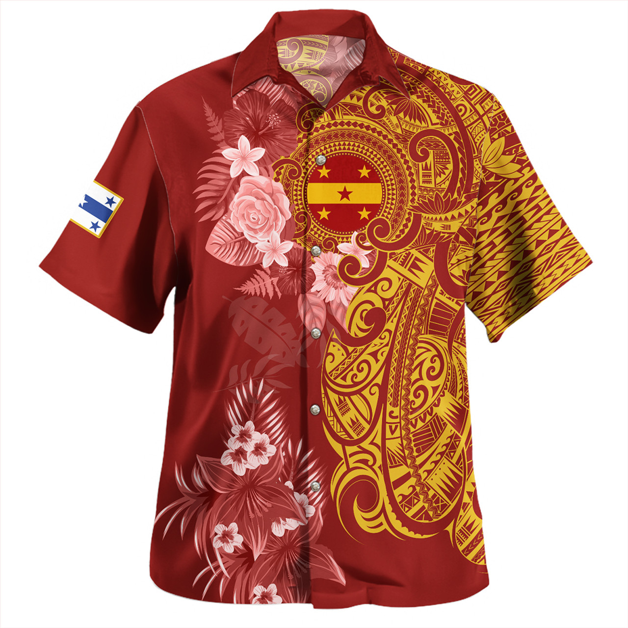 Gambier Islands Combo Off Shoulder Long Dress And Shirt Polynesian Tropical Plumeria Tribal Red