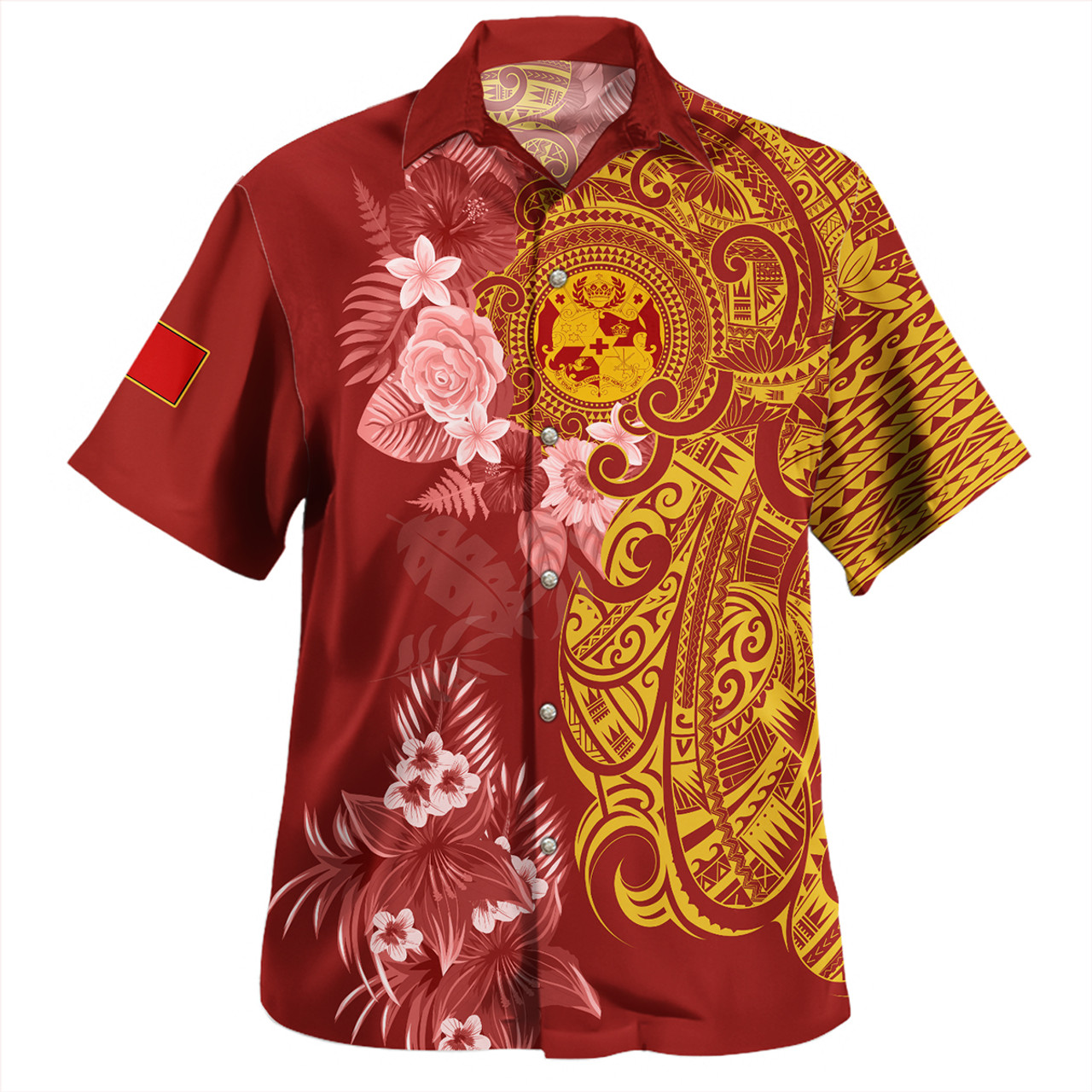 Tonga Combo Puletasi And Shirt Polynesian Tropical Plumeria Tribal Red