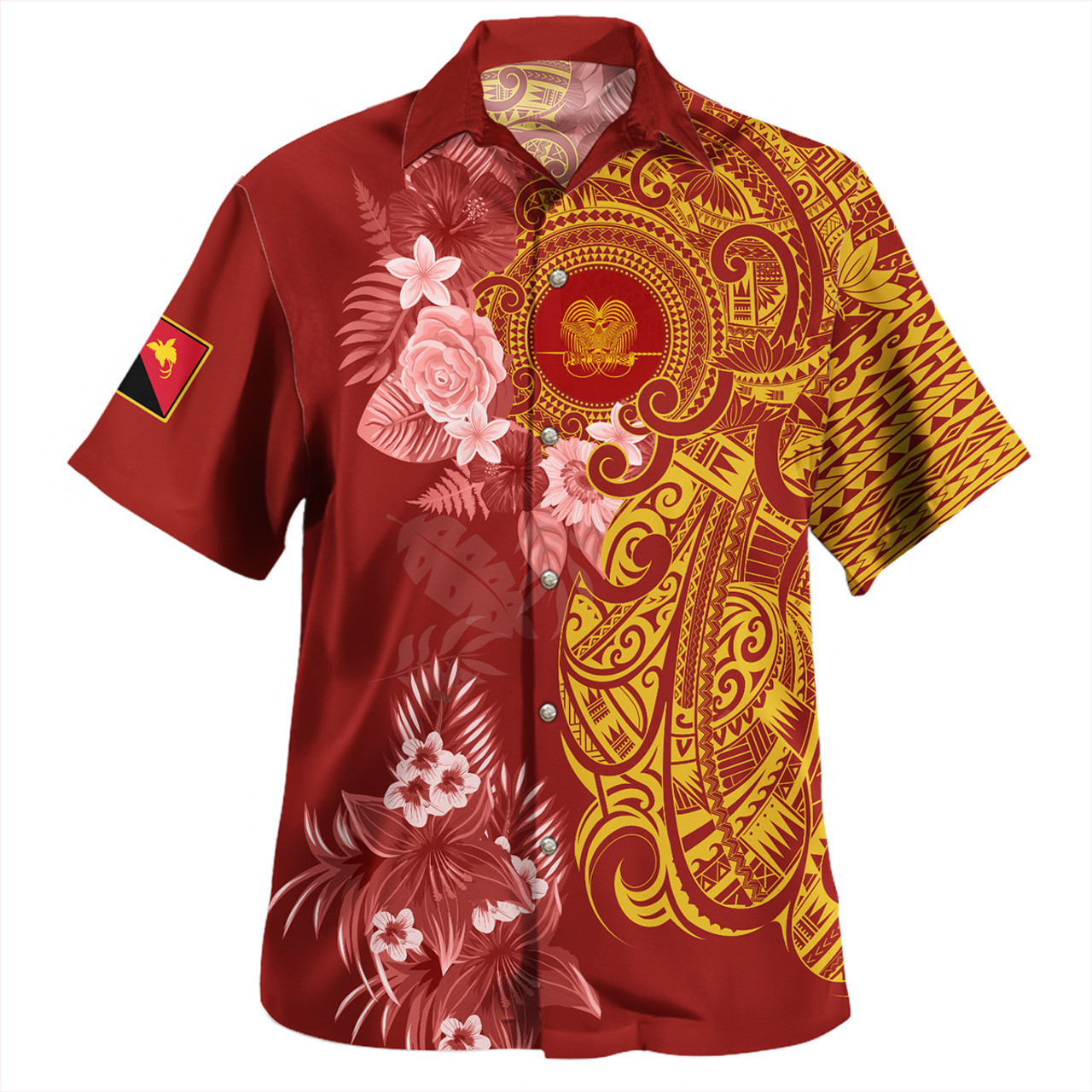 Papua New Guinea Combo Puletasi And Shirt Polynesian Tropical Plumeria Tribal Red