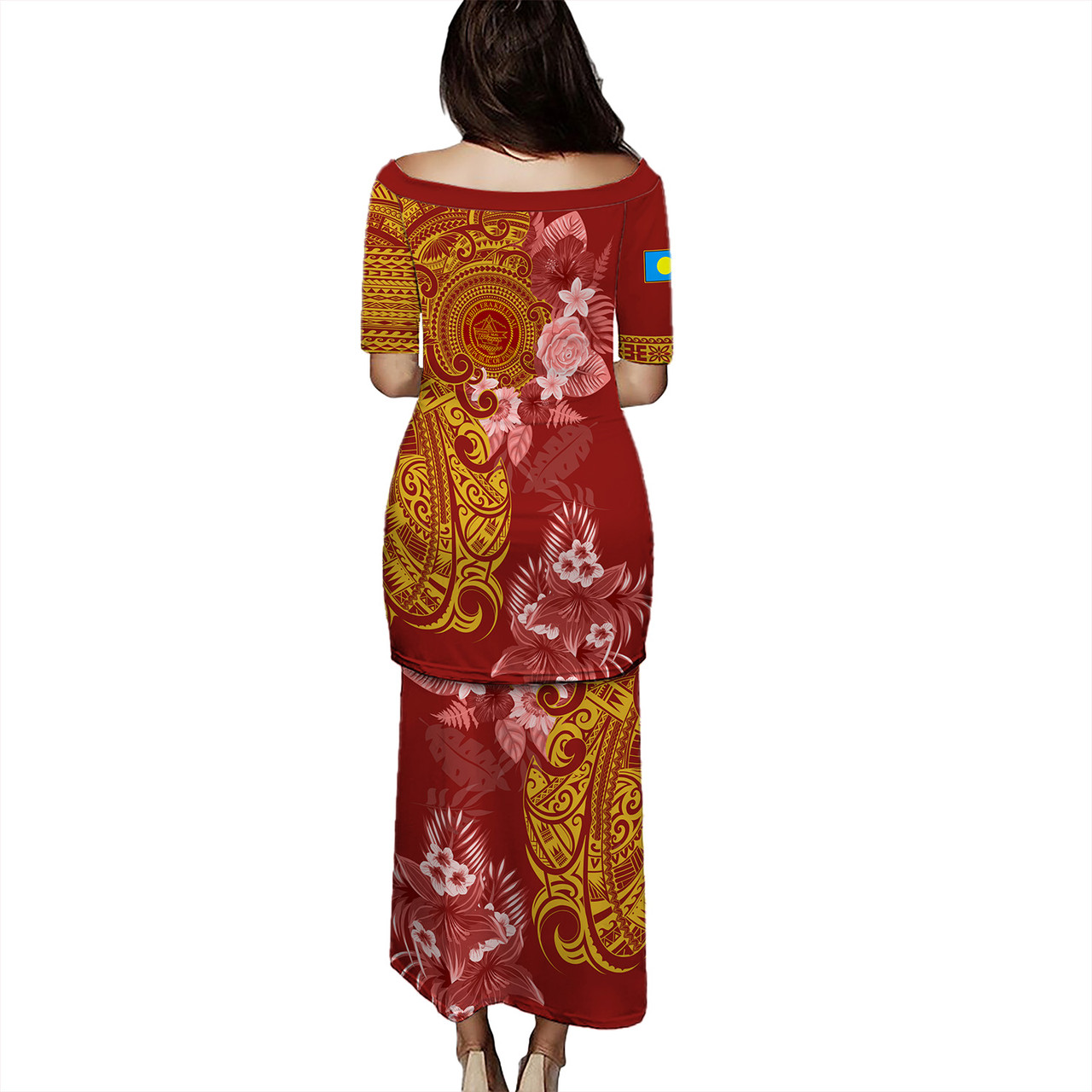 Palau Combo Puletasi And Shirt Polynesian Tropical Plumeria Tribal Red