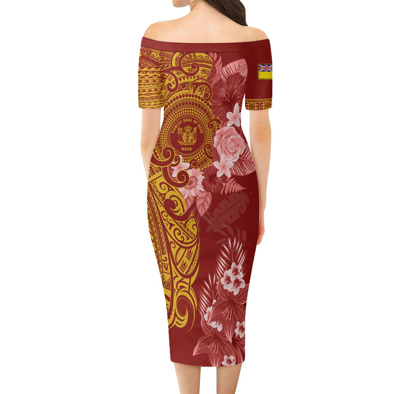 Niue Combo Short Sleeve Dress And Shirt Polynesian Tropical Plumeria Tribal Red