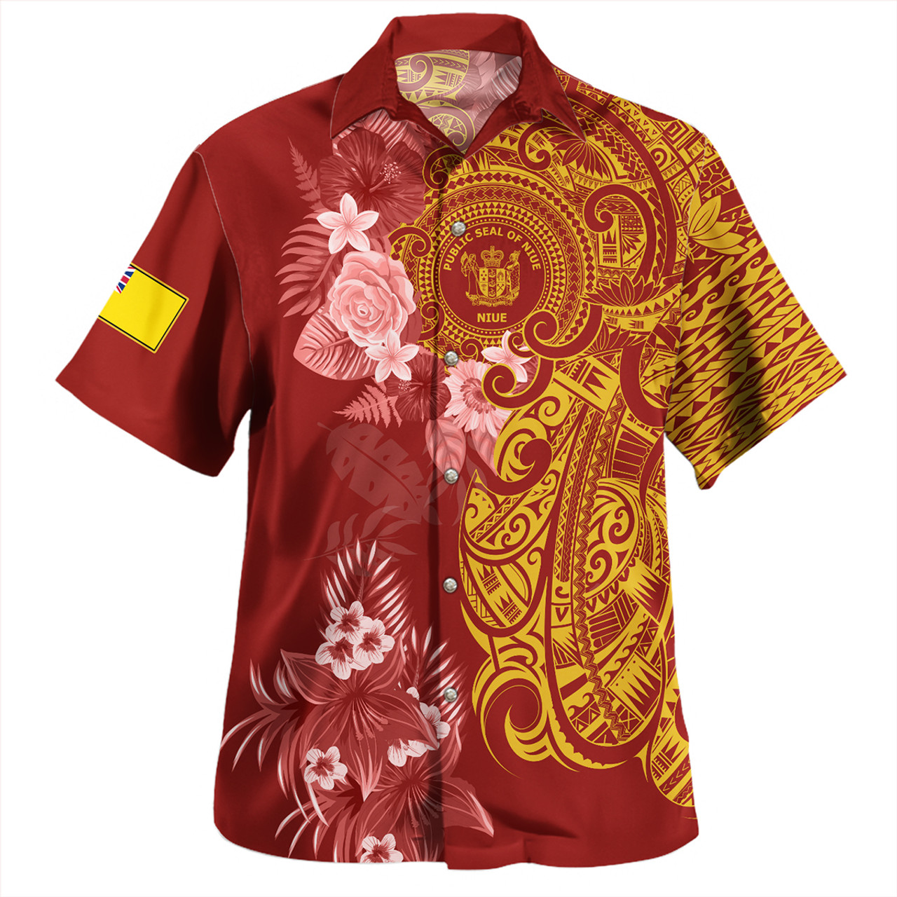 Niue Combo Short Sleeve Dress And Shirt Polynesian Tropical Plumeria Tribal Red