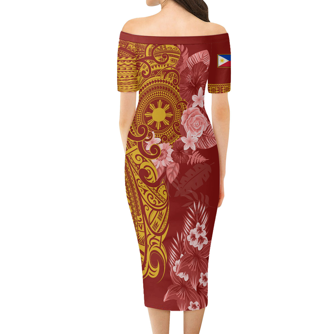 Philippines Filipinos Combo Short Sleeve Dress And Shirt Polynesian Tropical Plumeria Tribal Red
