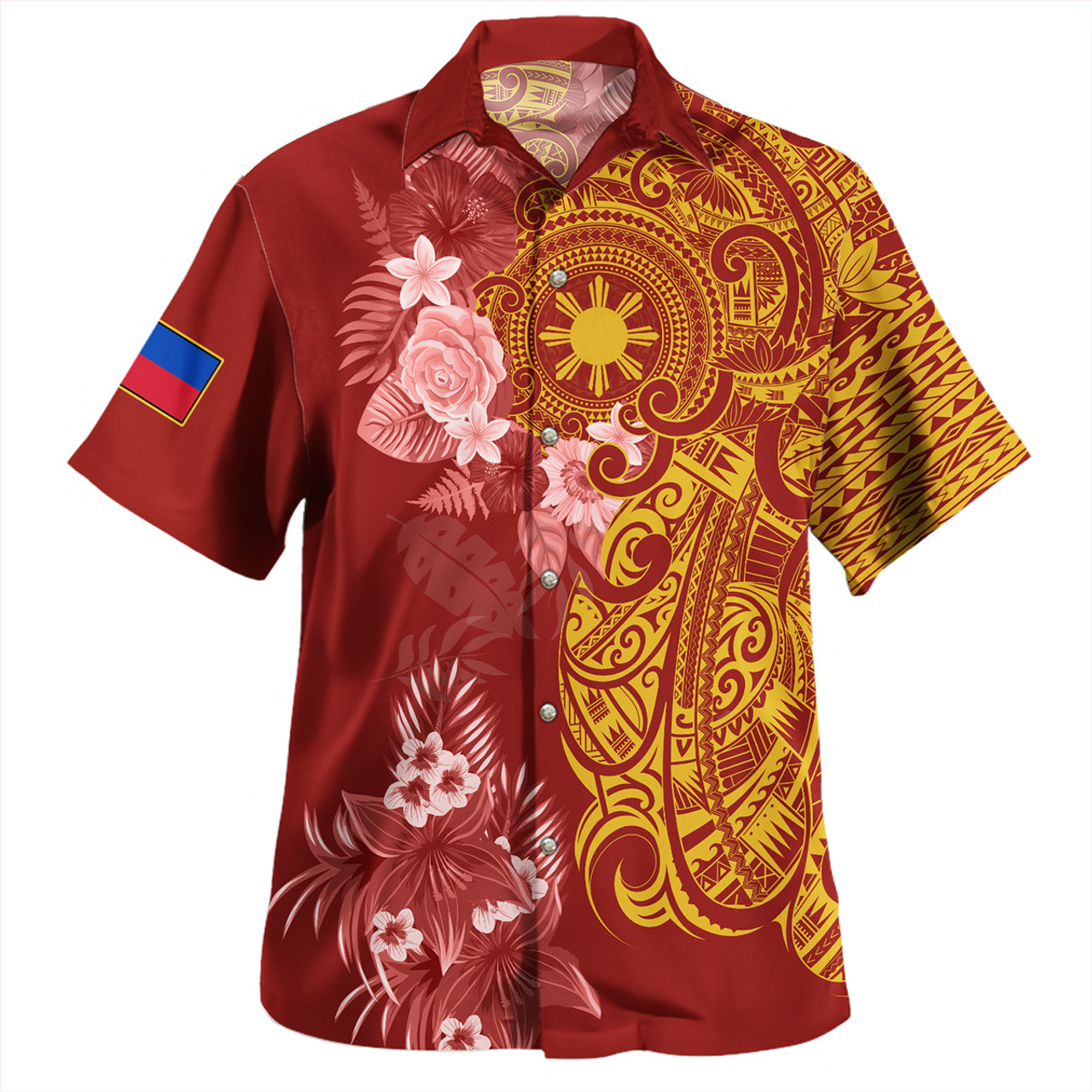 Philippines Filipinos Combo Short Sleeve Dress And Shirt Polynesian Tropical Plumeria Tribal Red