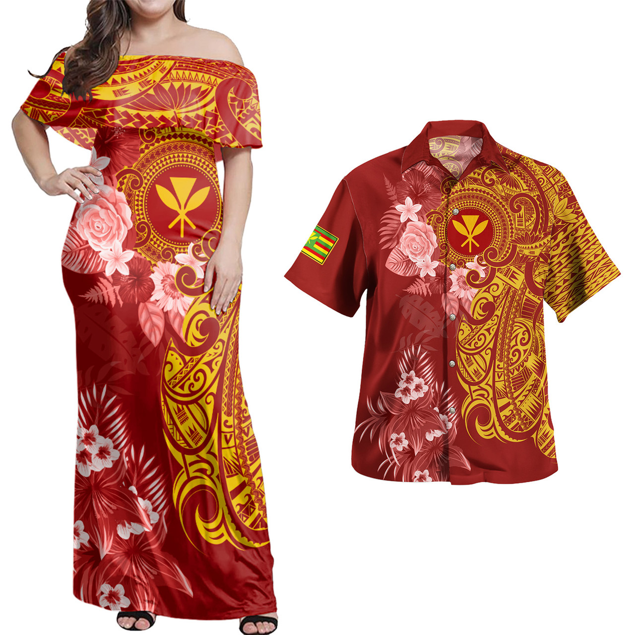 Hawaii Kanaka Maoli Combo Off Shoulder Long Dress And Shirt Polynesian Tropical Plumeria Tribal Red