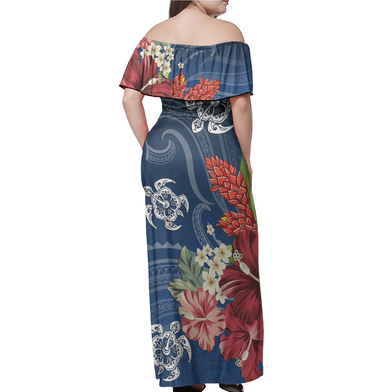 Hawaii Kanaka Maoli Combo Off Shoulder Long Dress And Shirt  Flower And Turtle