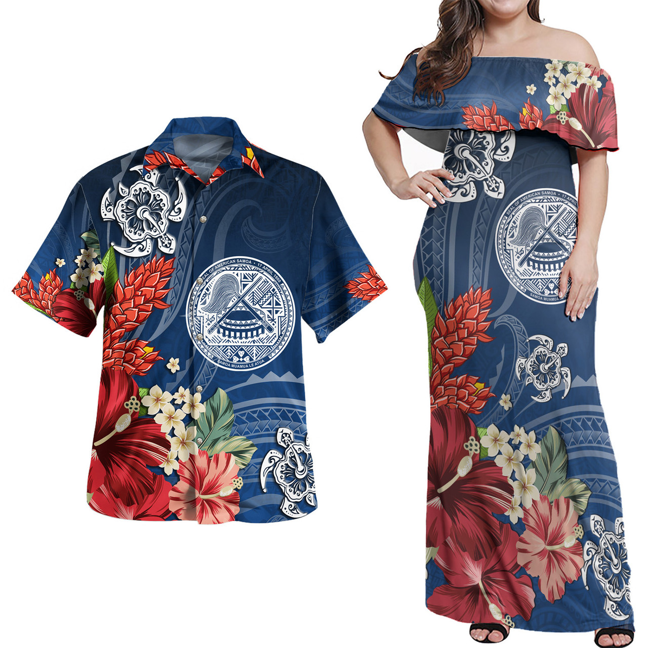 American Samoa Combo Off Shoulder Long Dress And Shirt  Flower And Turtle