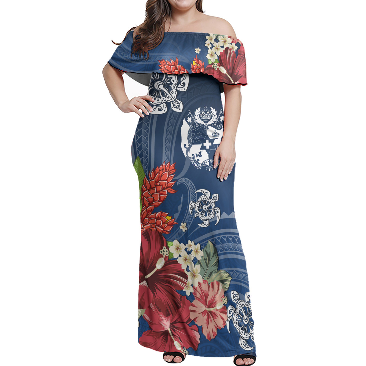 Tonga Combo Off Shoulder Long Dress And Shirt  Flower And Turtle