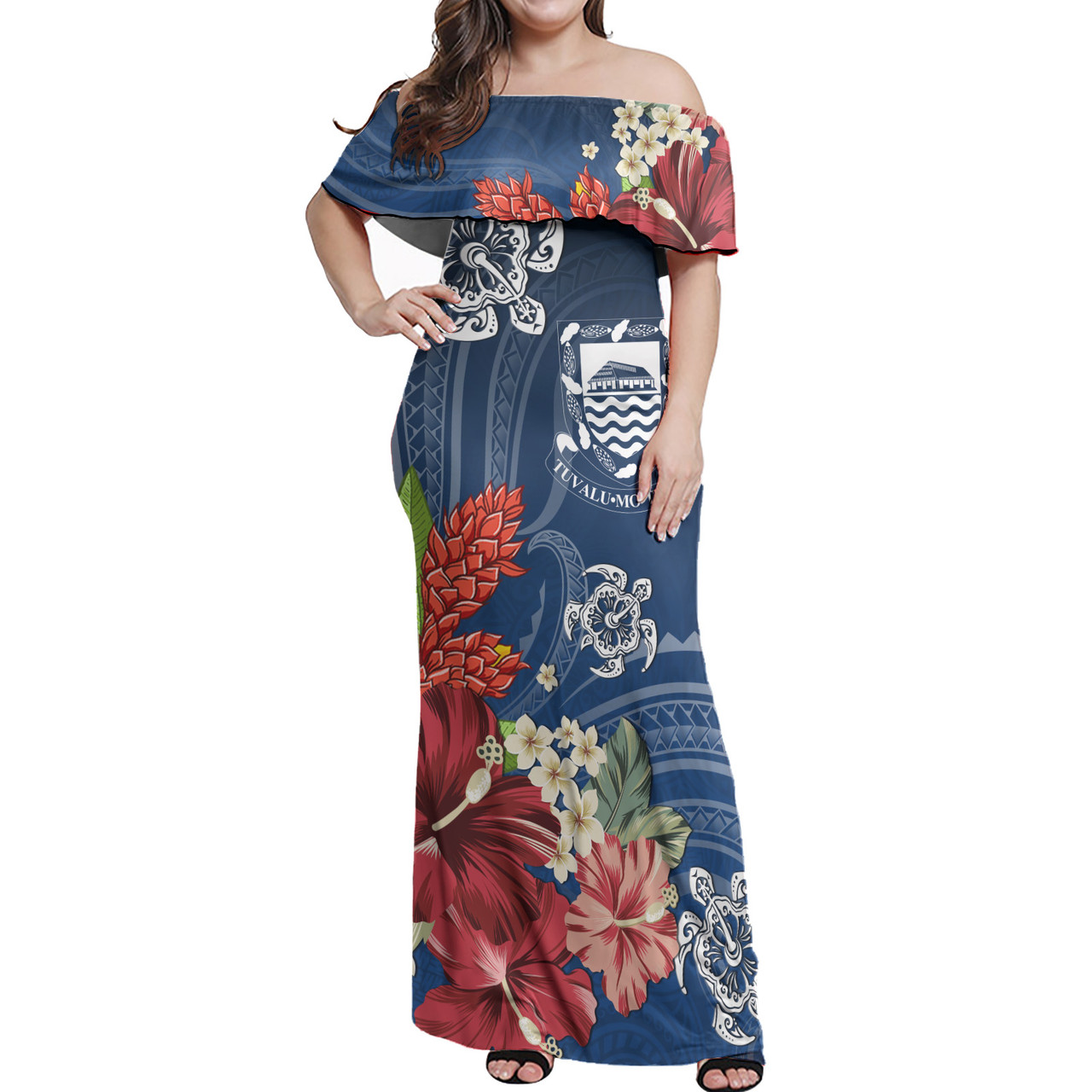 Tuvalu Combo Off Shoulder Long Dress And Shirt  Flower And Turtle