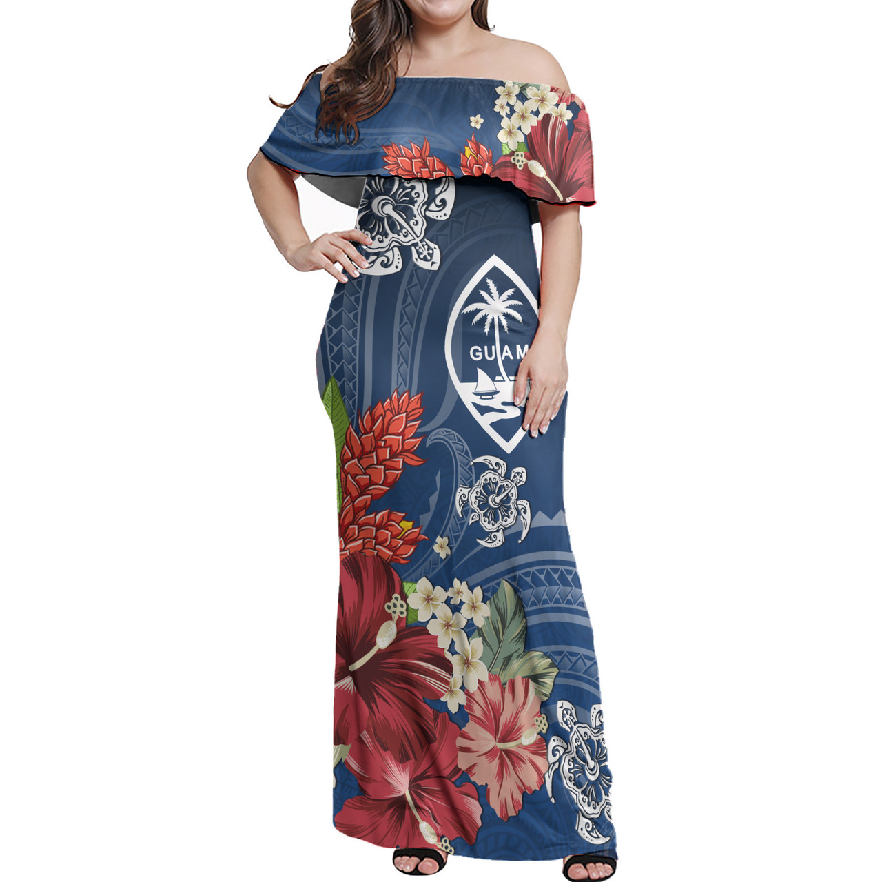 Guam Combo Off Shoulder Long Dress And Shirt  Flower And Turtle