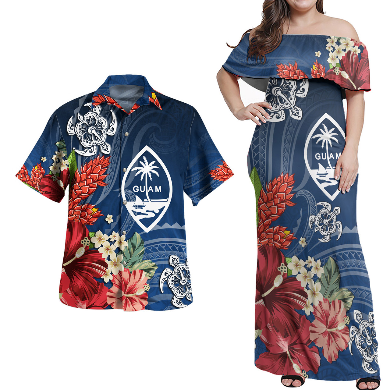 Guam Combo Off Shoulder Long Dress And Shirt  Flower And Turtle