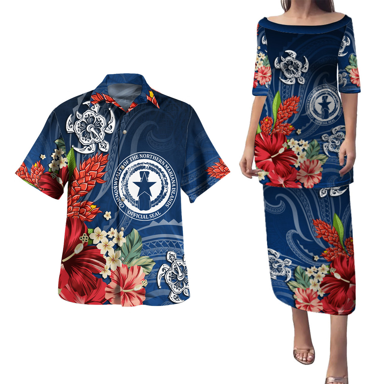 Northern Mariana Islands Combo Puletasi And Shirt  Flower And Turtle