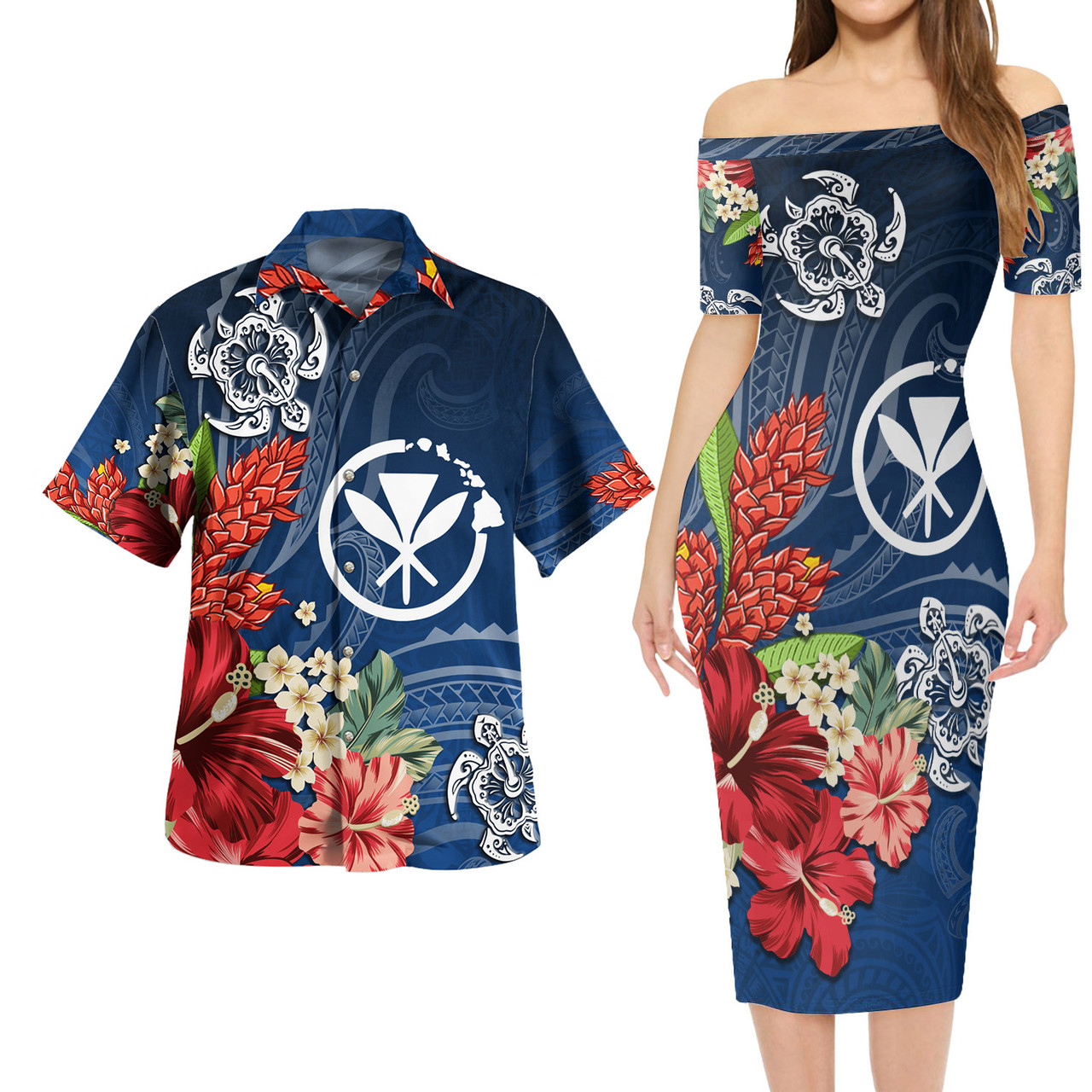 Hawaii Kanaka Maoli Combo Short Sleeve Dress And Shirt  Flower And Turtle