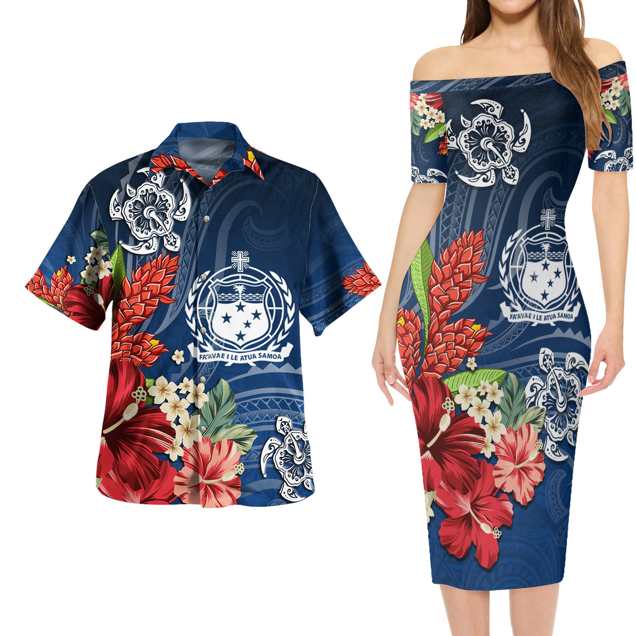Samoa Combo Short Sleeve Dress And Shirt  Flower And Turtle