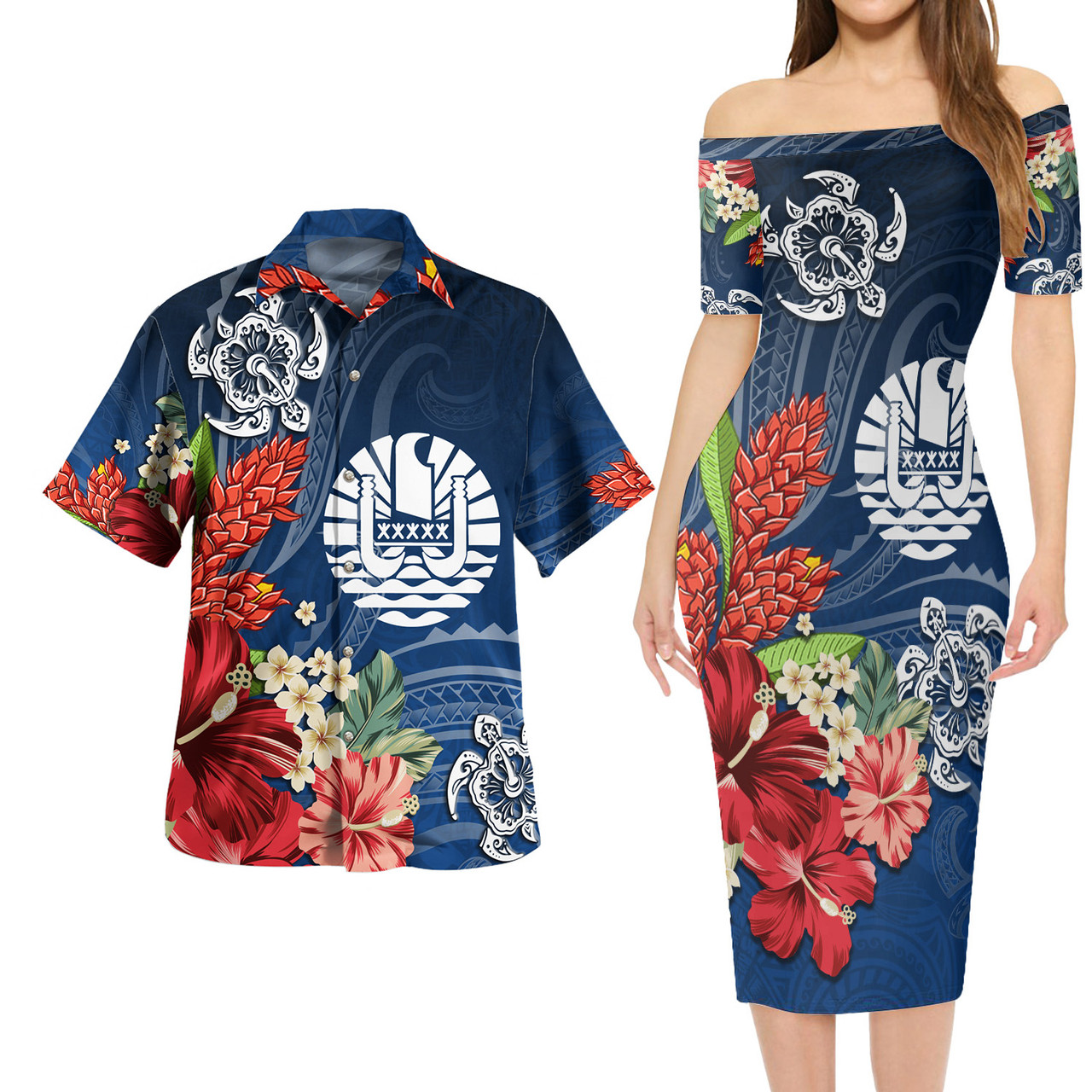 Tahiti Combo Short Sleeve Dress And Shirt  Flower And Turtle
