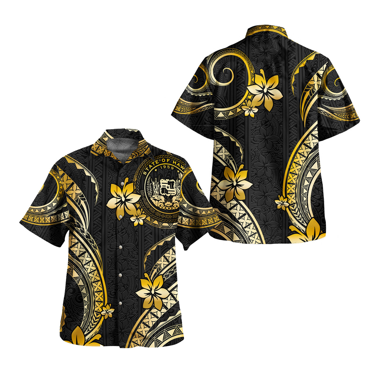 Hawaii Combo Off Shoulder Long Dress And Shirt Golden Polynesian Pattern
