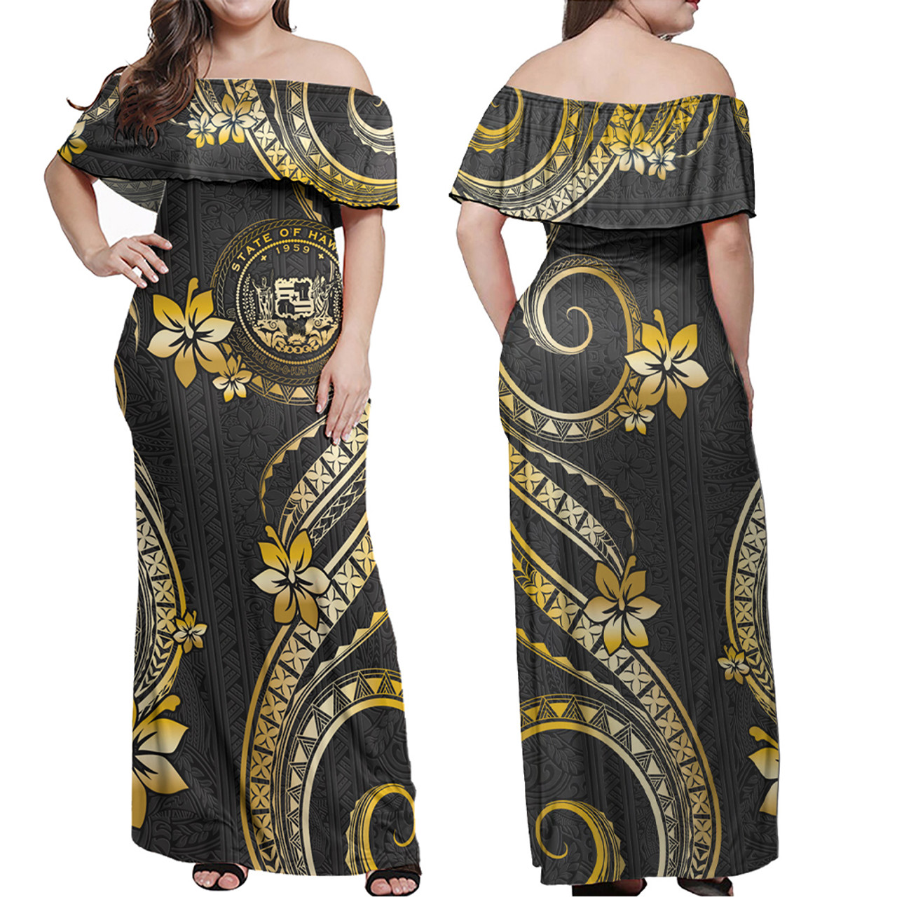 Hawaii Combo Off Shoulder Long Dress And Shirt Golden Polynesian Pattern