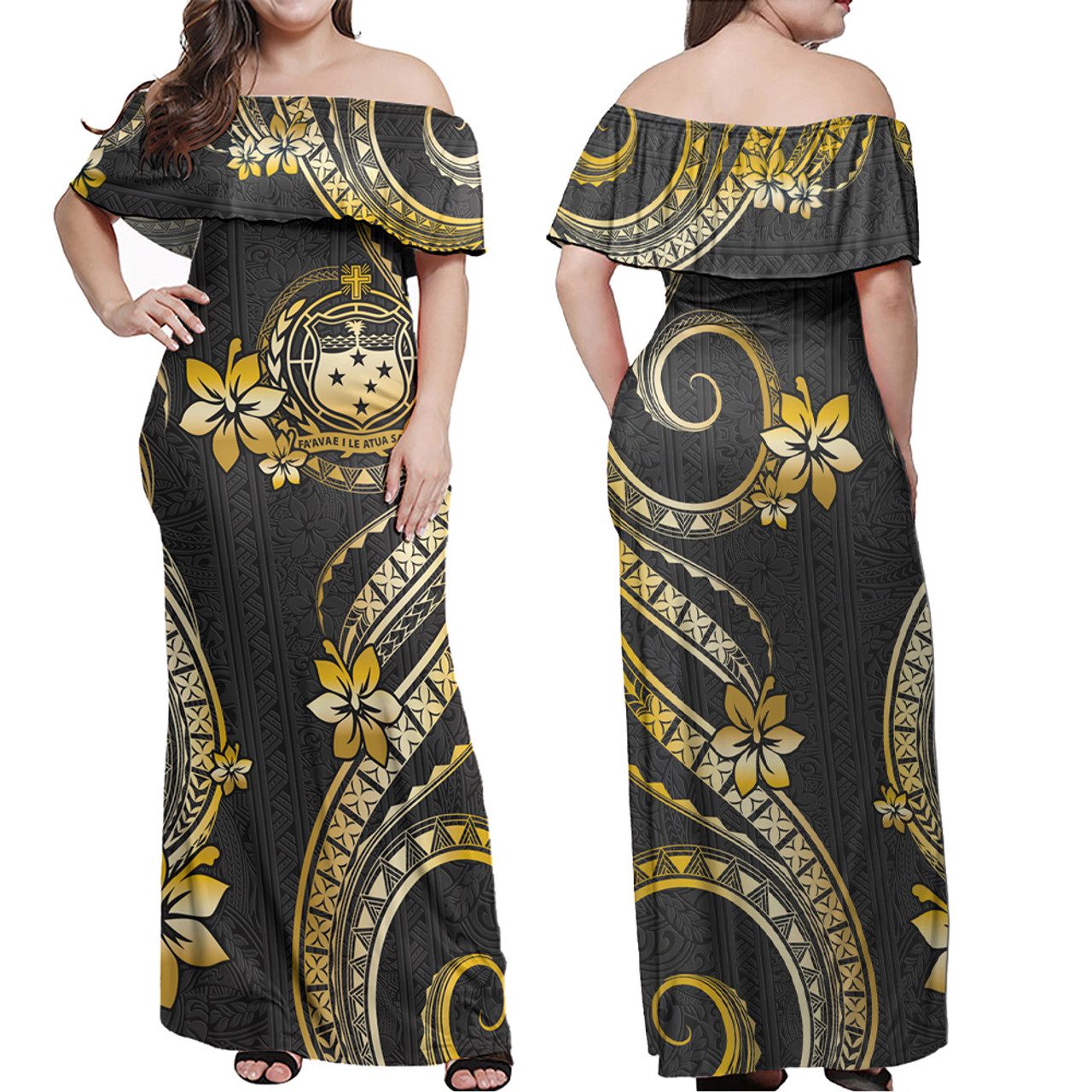Samoa Combo Off Shoulder Long Dress And Shirt Golden Polynesian Pattern