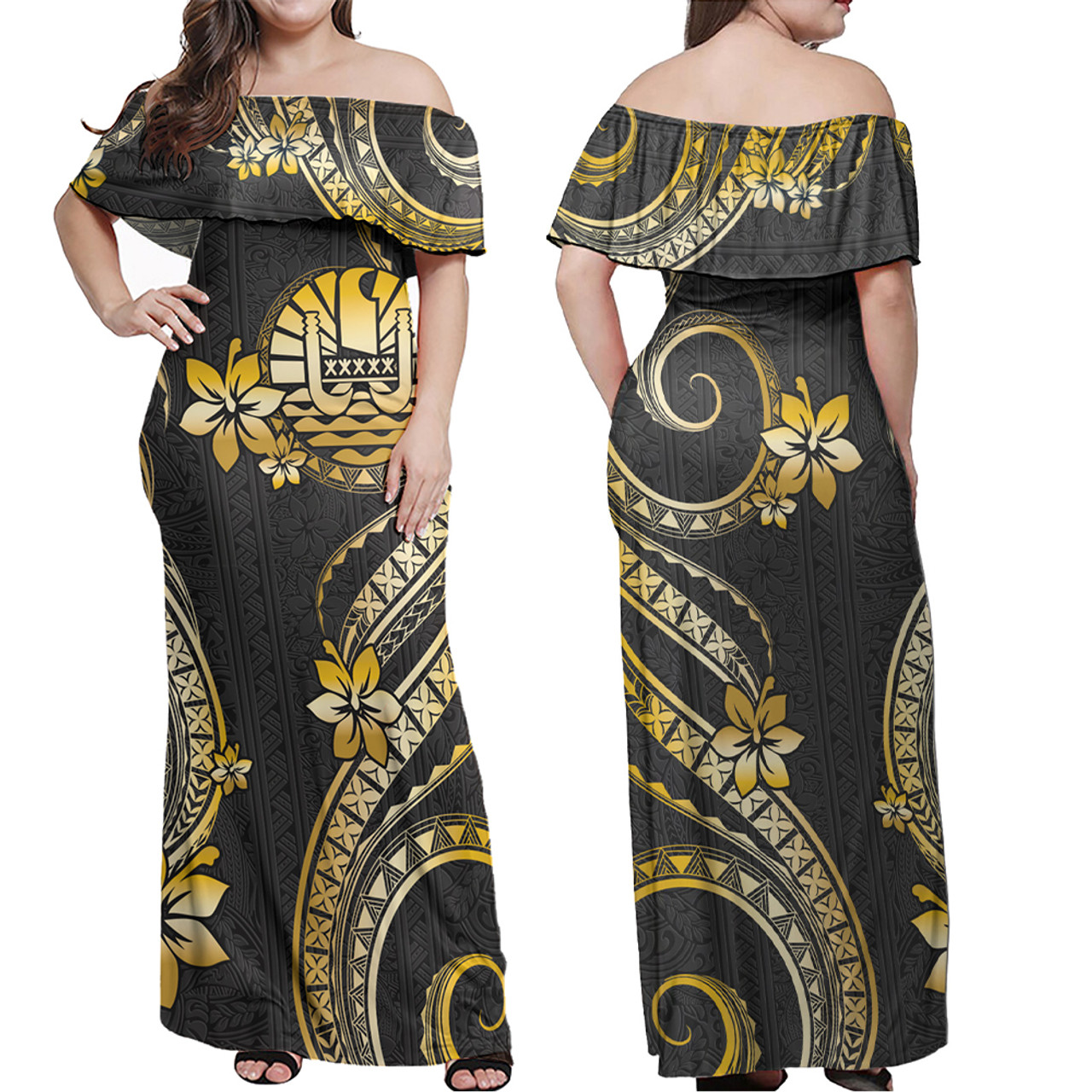 Tahiti Combo Off Shoulder Long Dress And Shirt Golden Polynesian Pattern