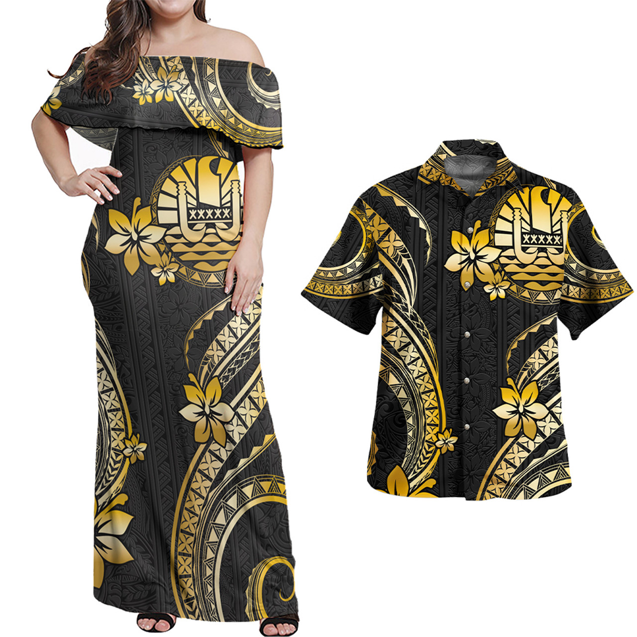 Tahiti Combo Off Shoulder Long Dress And Shirt Golden Polynesian Pattern