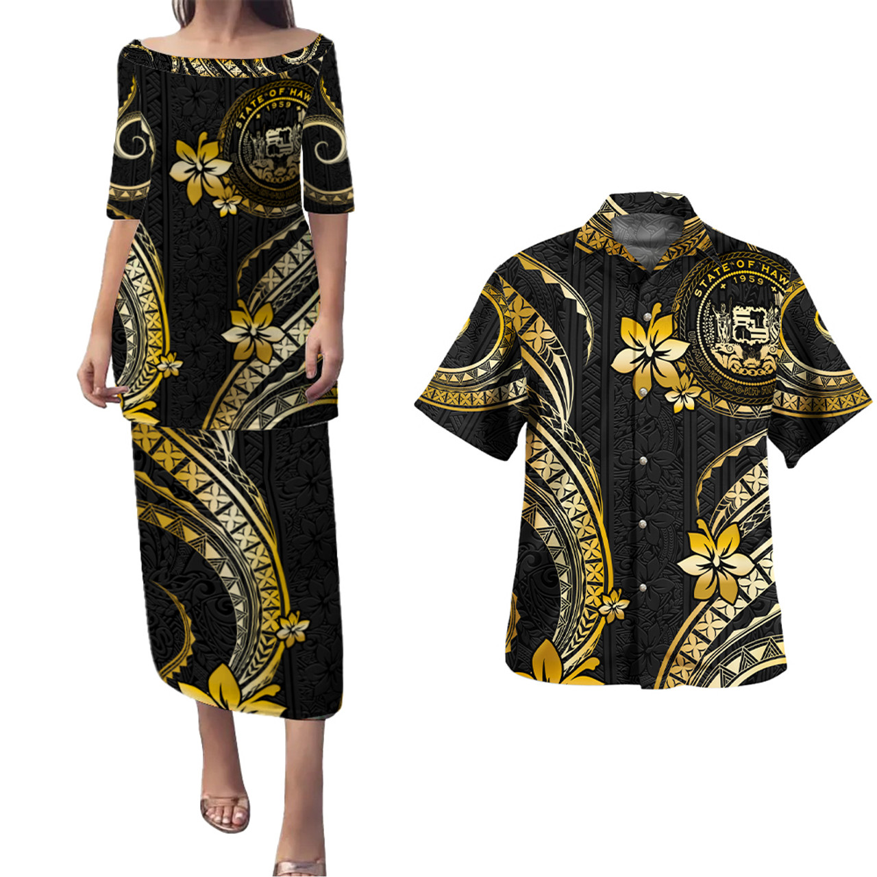 Hawaii Combo Puletasi And Shirt Golden Polynesian Pattern