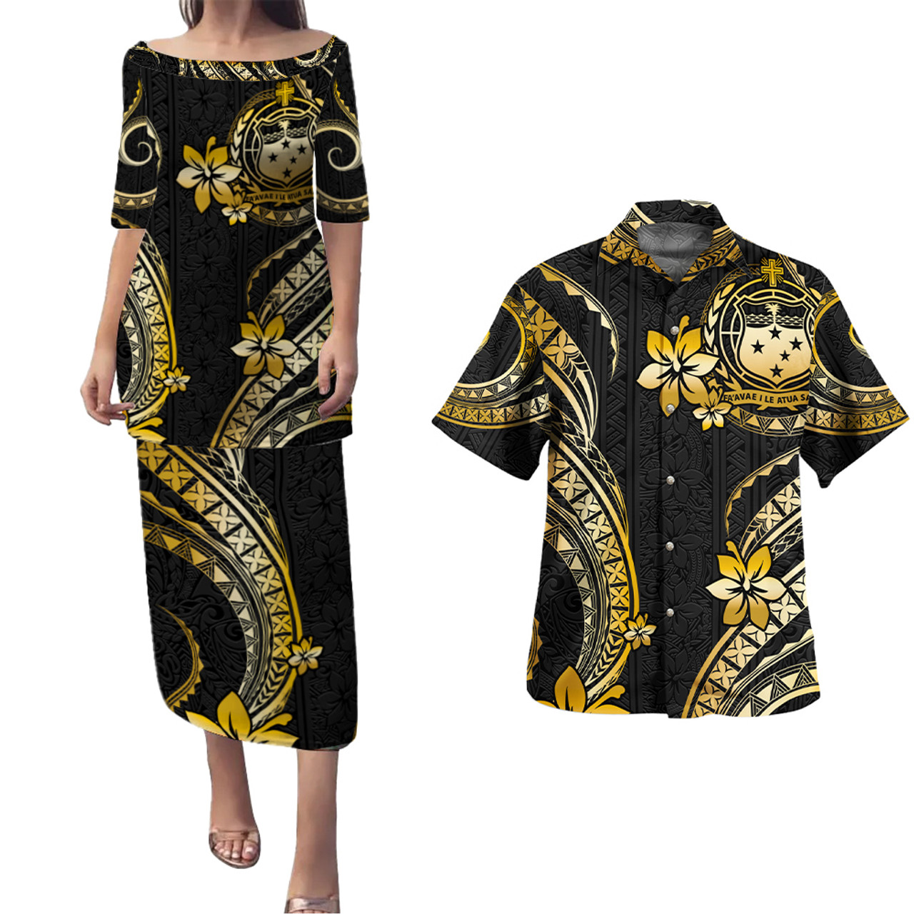 Samoa Combo Puletasi And Shirt Golden Polynesian Pattern