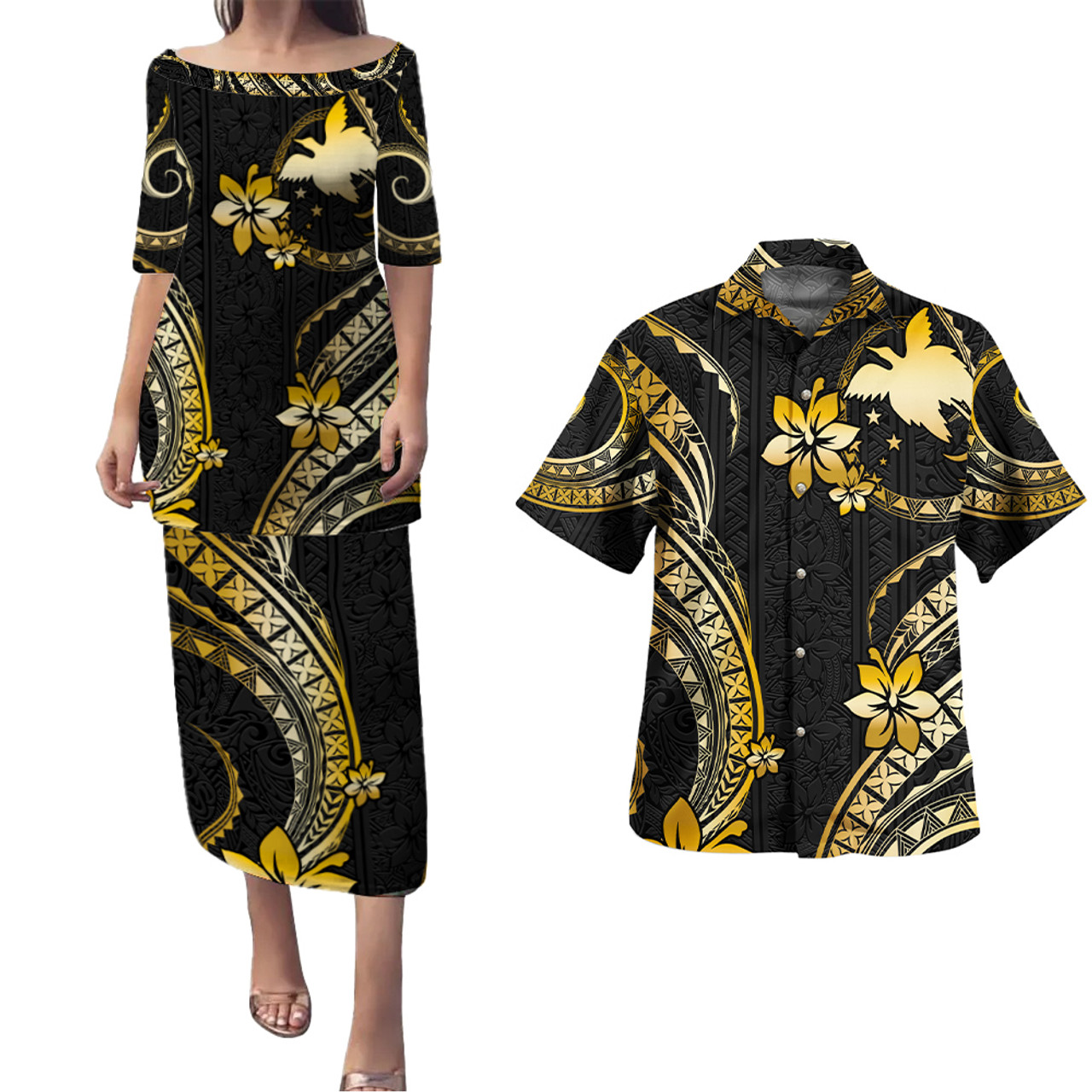 Papua New Guinea Combo Puletasi And Shirt Golden Polynesian Pattern
