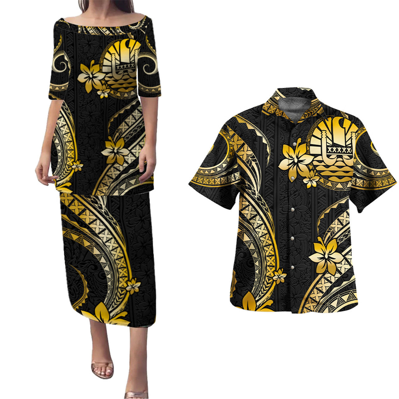 Tahiti Combo Puletasi And Shirt Golden Polynesian Pattern