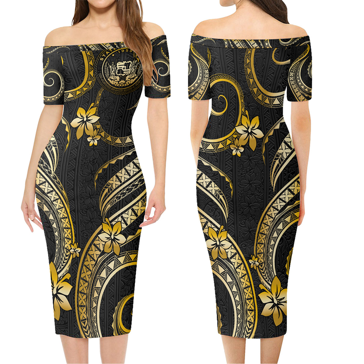 Hawaii Combo Short Sleeve Dress And Shirt Golden Polynesian Pattern