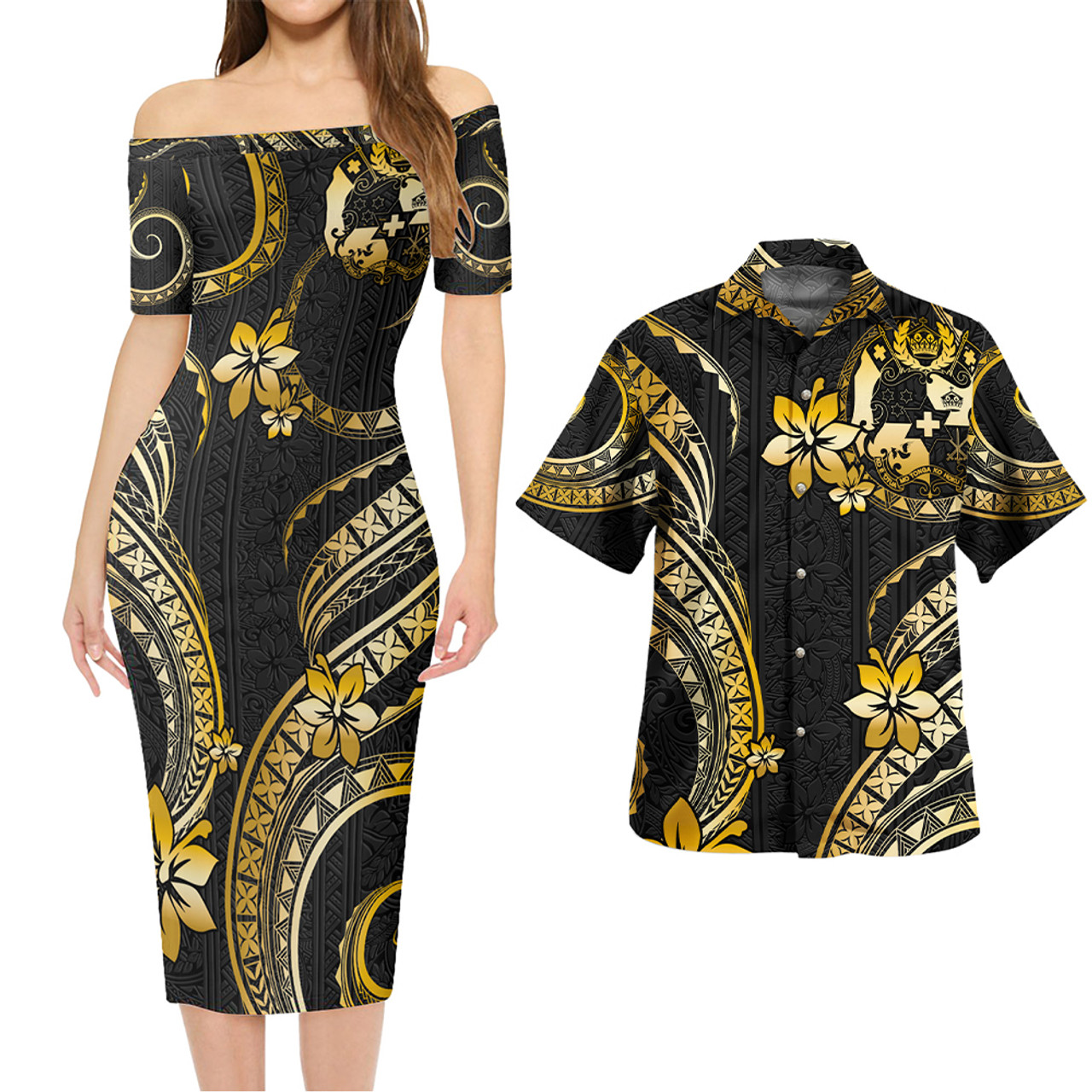 Tonga Combo Short Sleeve Dress And Shirt Golden Polynesian Pattern