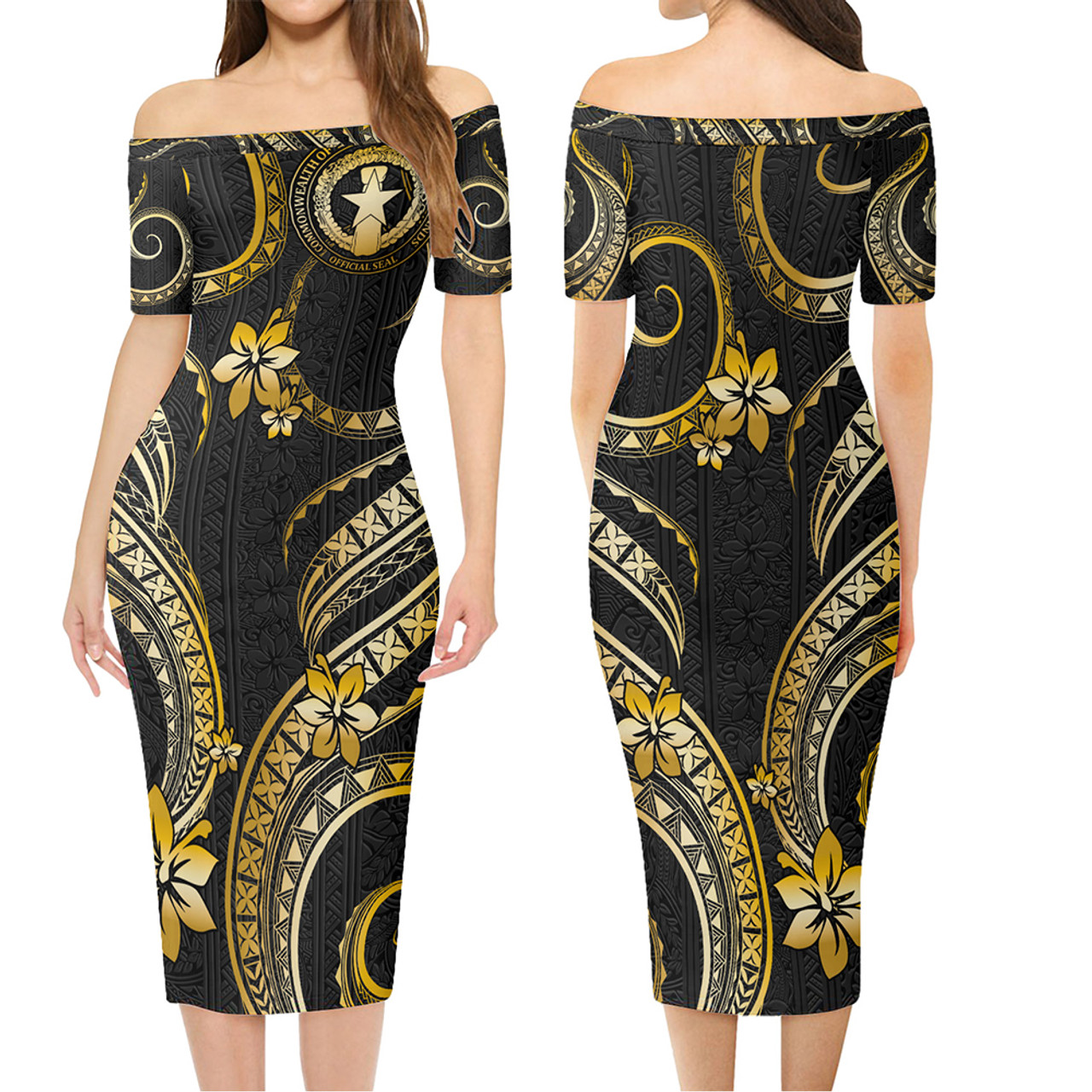 Northern Mariana Islands Combo Short Sleeve Dress And Shirt Golden Polynesian Pattern